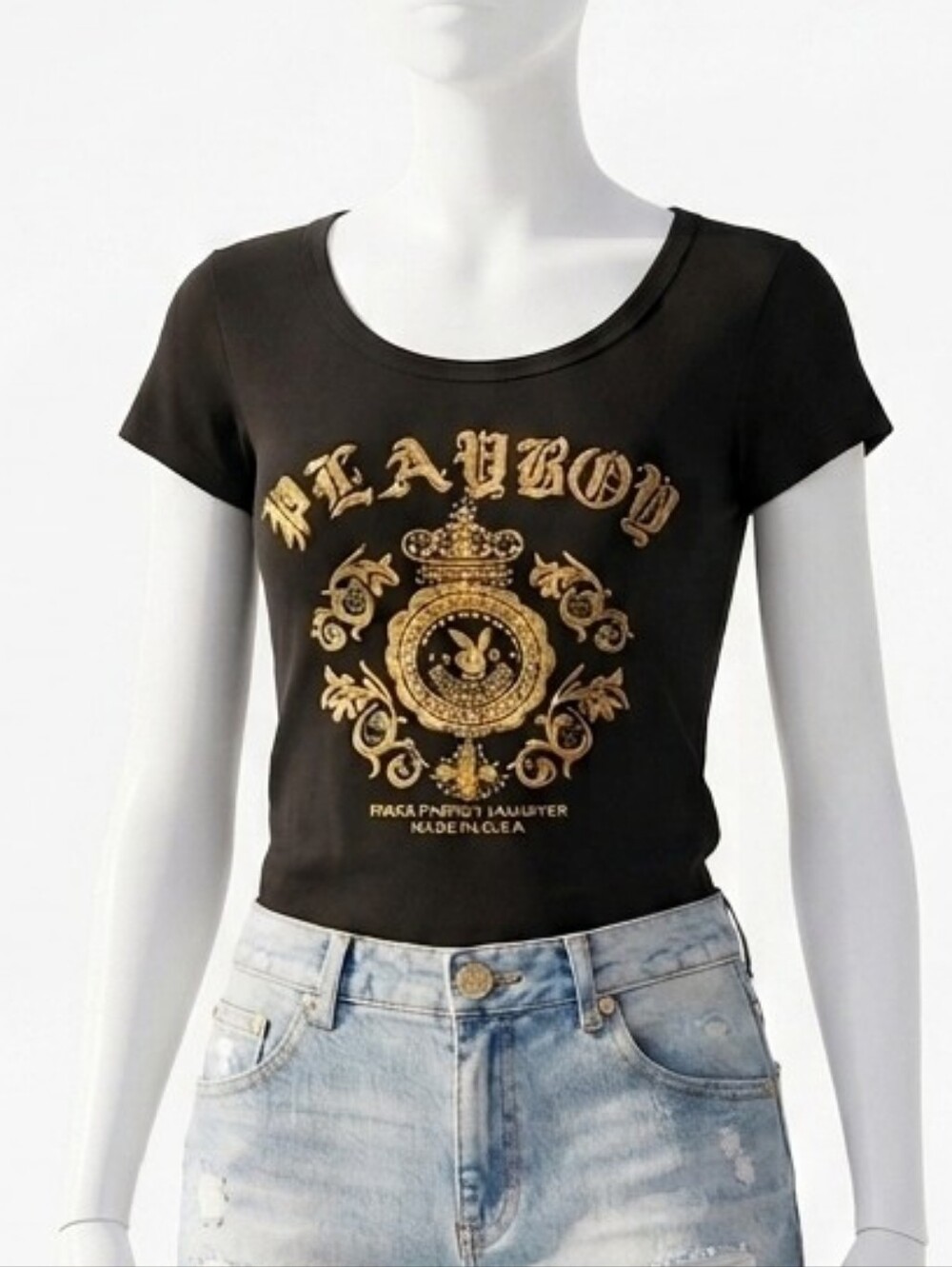 D & G Dolce & Gabbana Black t-shirt Playboy Crystals  sz Small